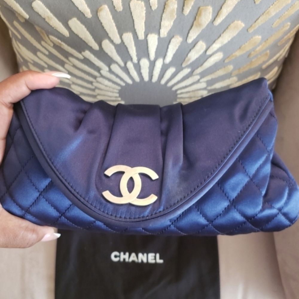 Chanel Blue satin envelope quilted envelope clutch